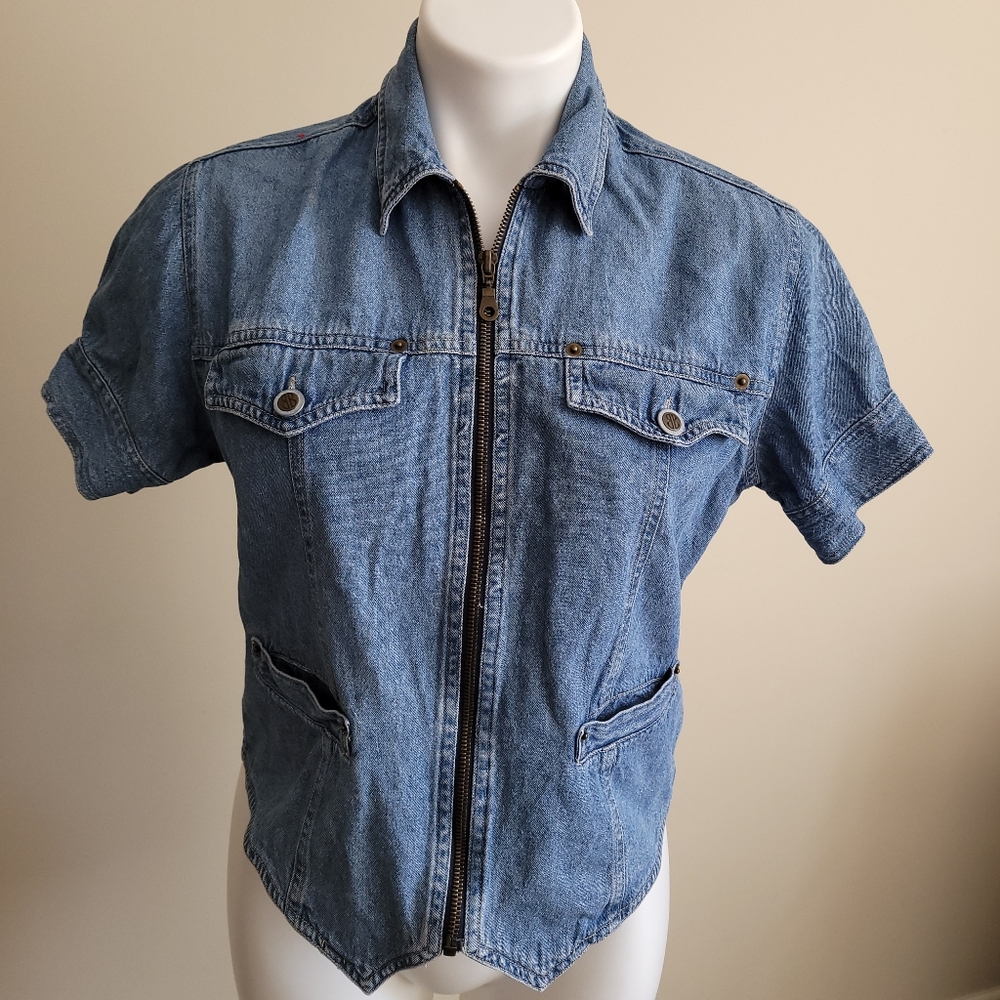 Bill Blass Short Sleeve Blue Jean Zip Jacket Vest Coat Small VTG